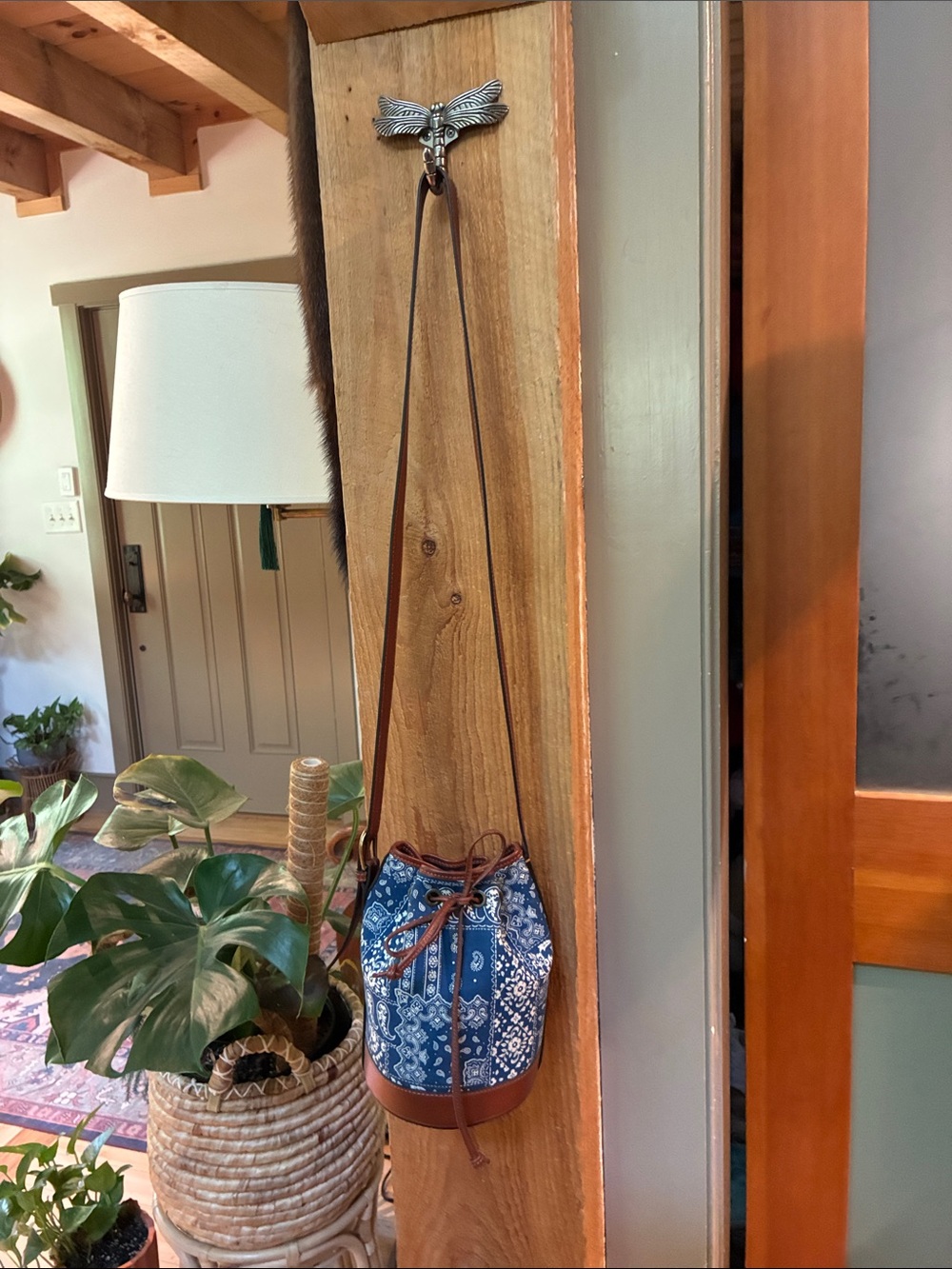 Classic Sezane Blue Paisley Drawstring Bucket Bag with Brown Trim 💋